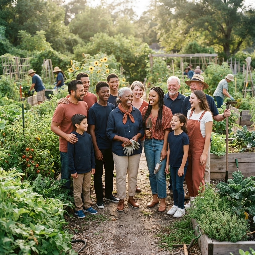A diverse group of families and volunteers gathered in a sunny community garden